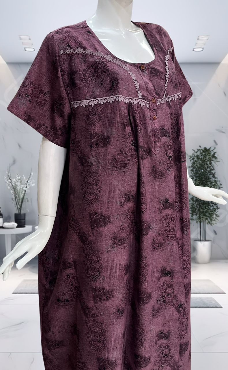 Purple/Black Digital Print Spun Nighty. Flowy Spun Fabric | Laces and Frills