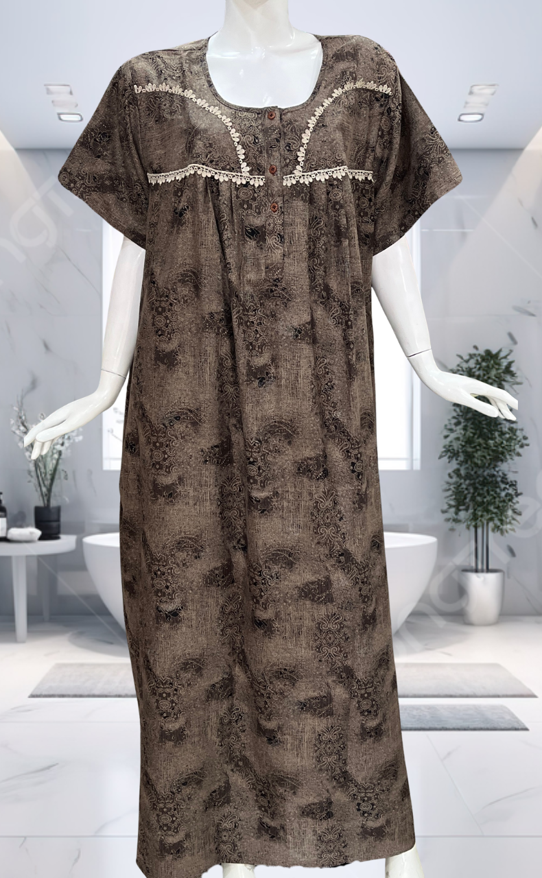 Beige/Black Digital Print Spun Nighty. Flowy Spun Fabric | Laces and Frills