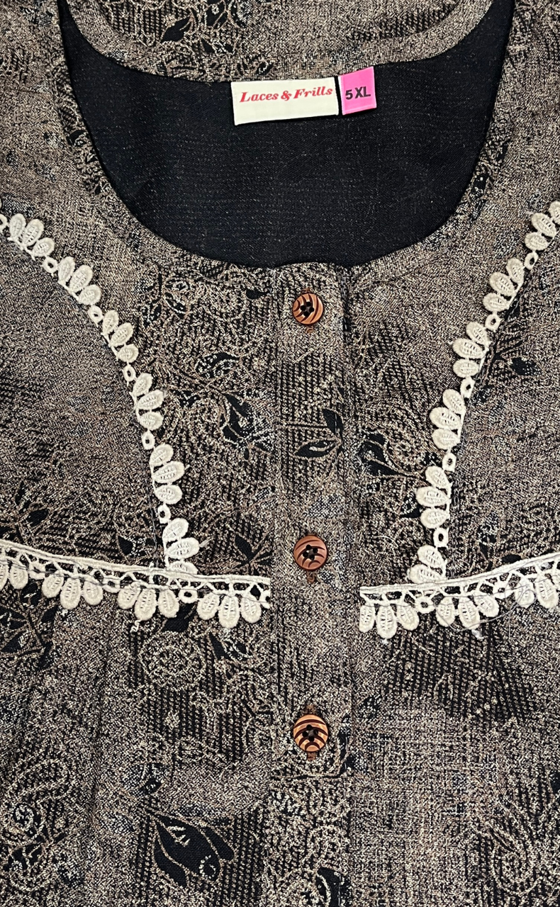 Beige/Black Digital Print Spun Nighty. Flowy Spun Fabric | Laces and Frills