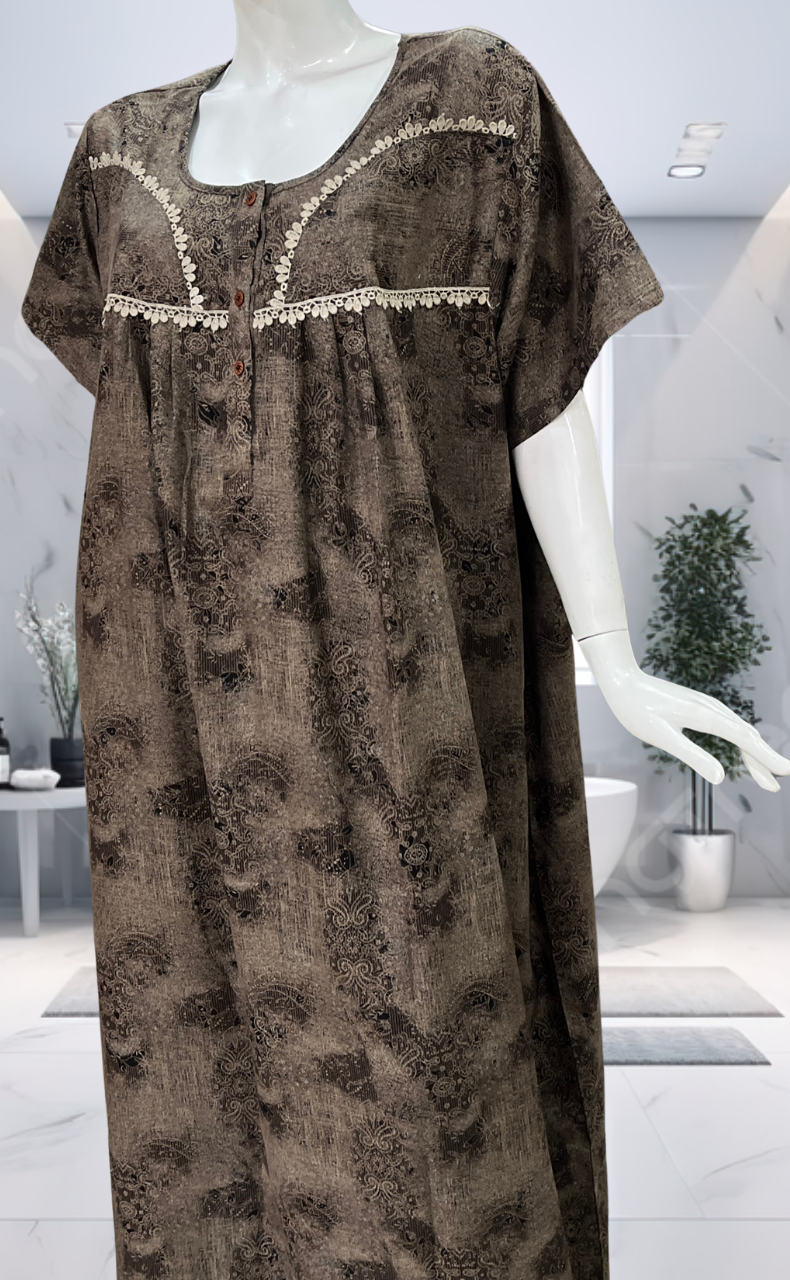 Beige/Black Digital Print Spun Nighty. Flowy Spun Fabric | Laces and Frills