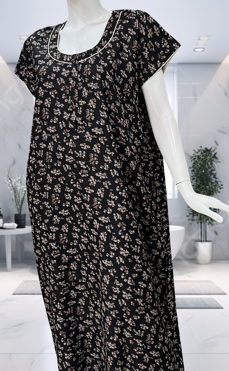 Black Tiny Floral Spun Nighty. Flowy Spun Fabric | Laces and Frills