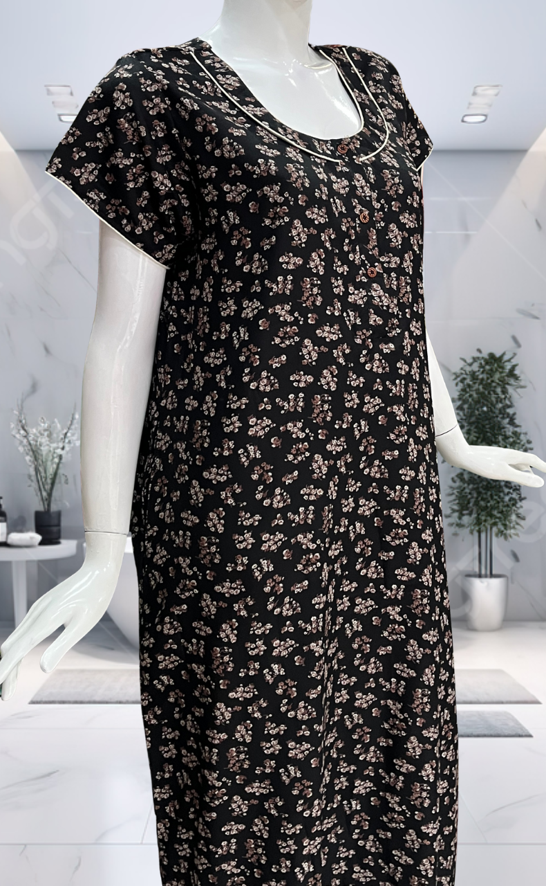 Black Tiny Floral Spun Nighty. Flowy Spun Fabric | Laces and Frills