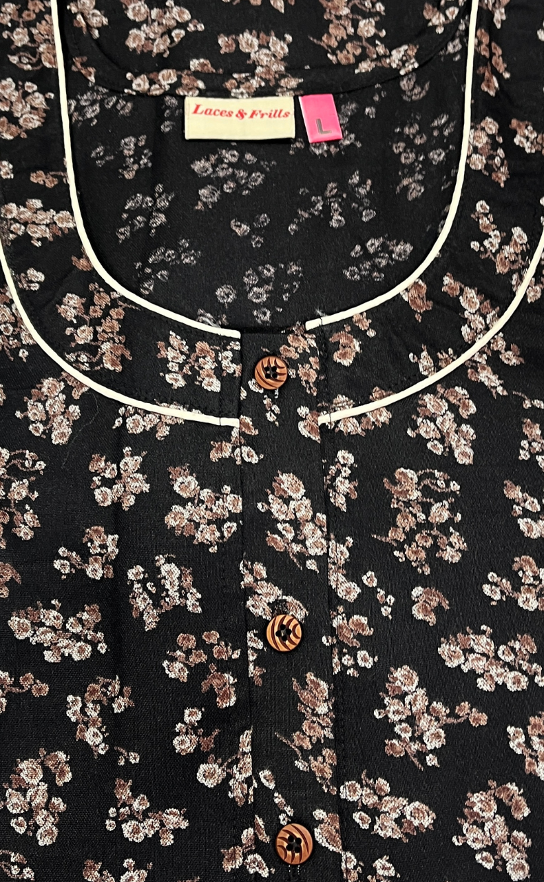 Black Tiny Floral Spun Nighty. Flowy Spun Fabric | Laces and Frills