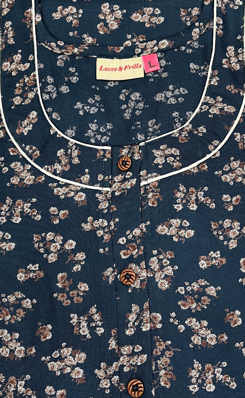 Teal Blue Tiny Floral Spun Nighty. Flowy Spun Fabric | Laces and Frills