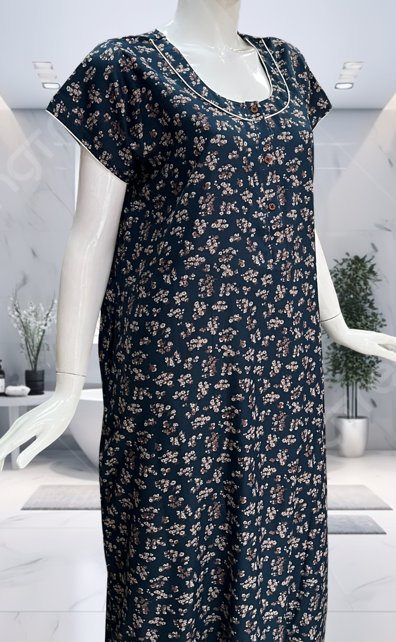 Teal Blue Tiny Floral Spun Nighty. Flowy Spun Fabric | Laces and Frills