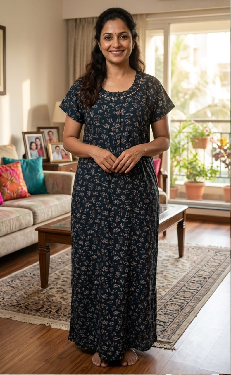 Teal Blue Tiny Floral Spun Nighty. Flowy Spun Fabric | Laces and Frills
