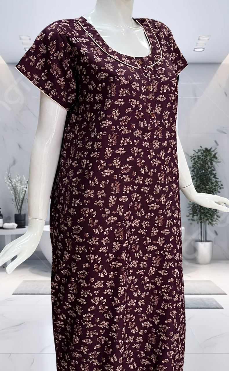 Wine Colour Tiny Floral Spun Nighty. Flowy Spun Fabric | Laces and Frills
