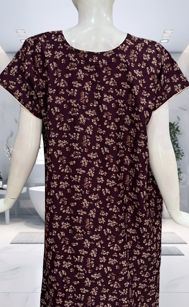 Wine Colour Tiny Floral Spun Nighty. Flowy Spun Fabric | Laces and Frills