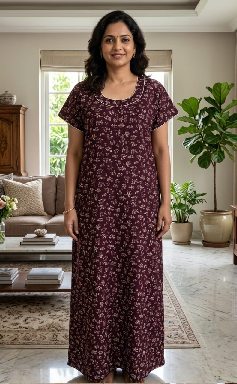 Wine Colour Tiny Floral Spun Nighty. Flowy Spun Fabric | Laces and Frills