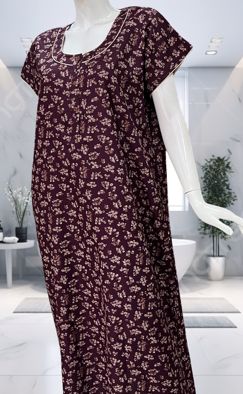 Wine Colour Tiny Floral Spun Nighty. Flowy Spun Fabric | Laces and Frills