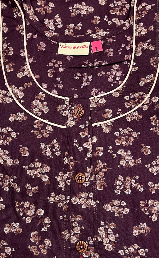 Wine Colour Tiny Floral Spun Nighty. Flowy Spun Fabric | Laces and Frills