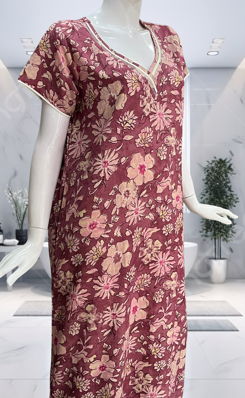 Pink Floral Spun Nighty. Flowy Spun Fabric | Laces and Frills