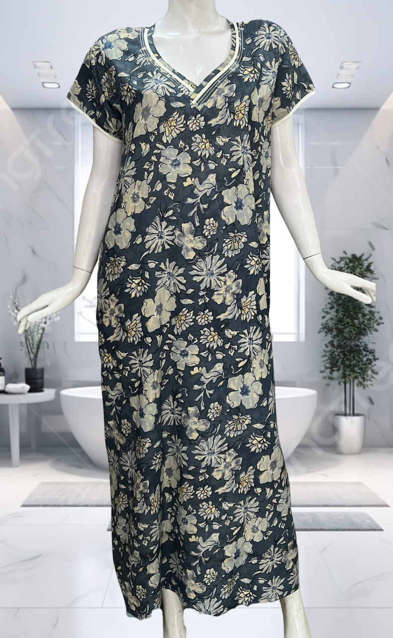 Dark Grey Floral Spun Nighty. Flowy Spun Fabric | Laces and Frills