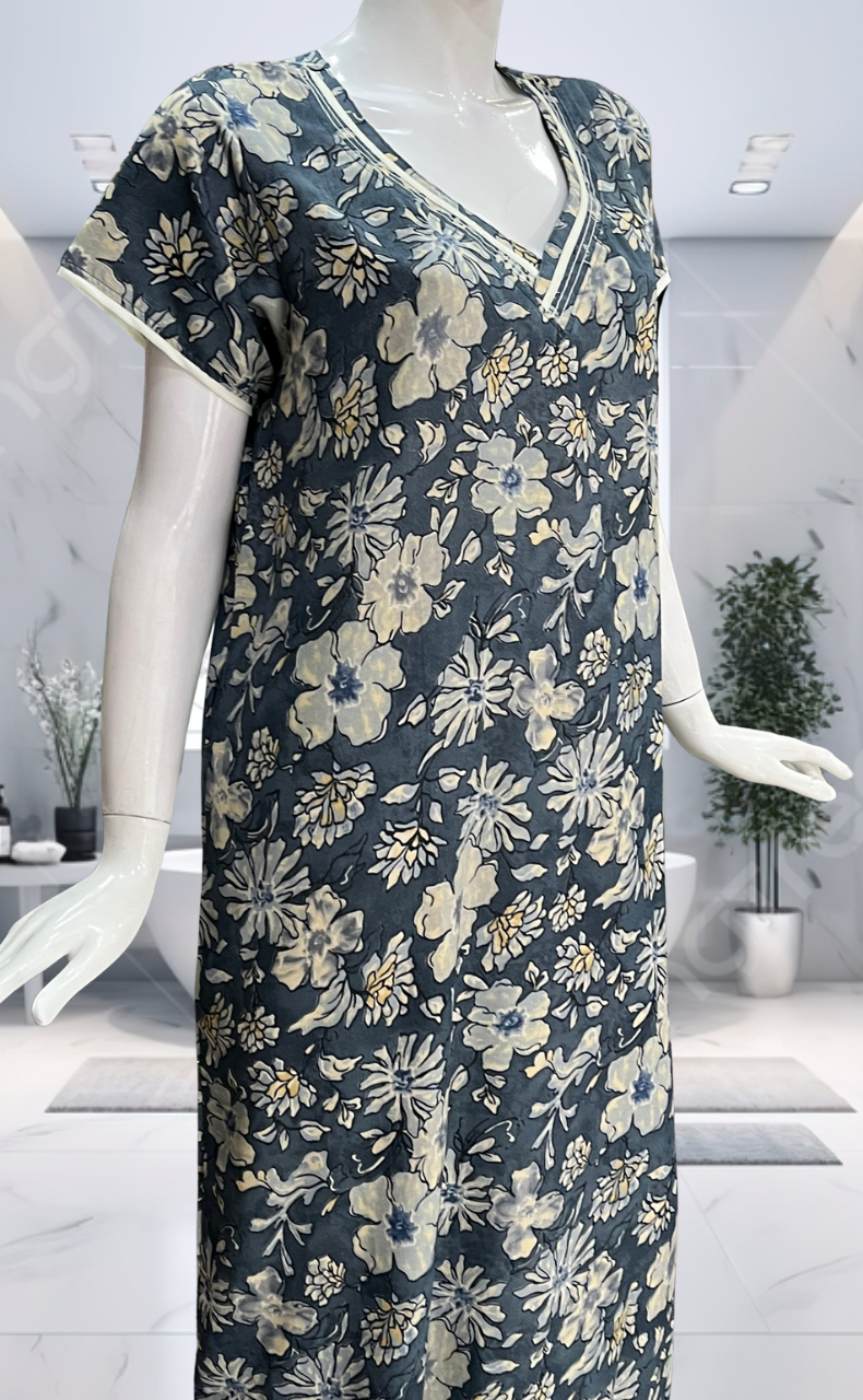 Dark Grey Floral Spun Nighty. Flowy Spun Fabric | Laces and Frills