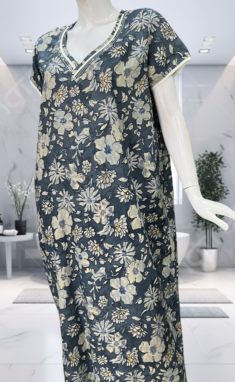 Dark Grey Floral Spun Nighty. Flowy Spun Fabric | Laces and Frills