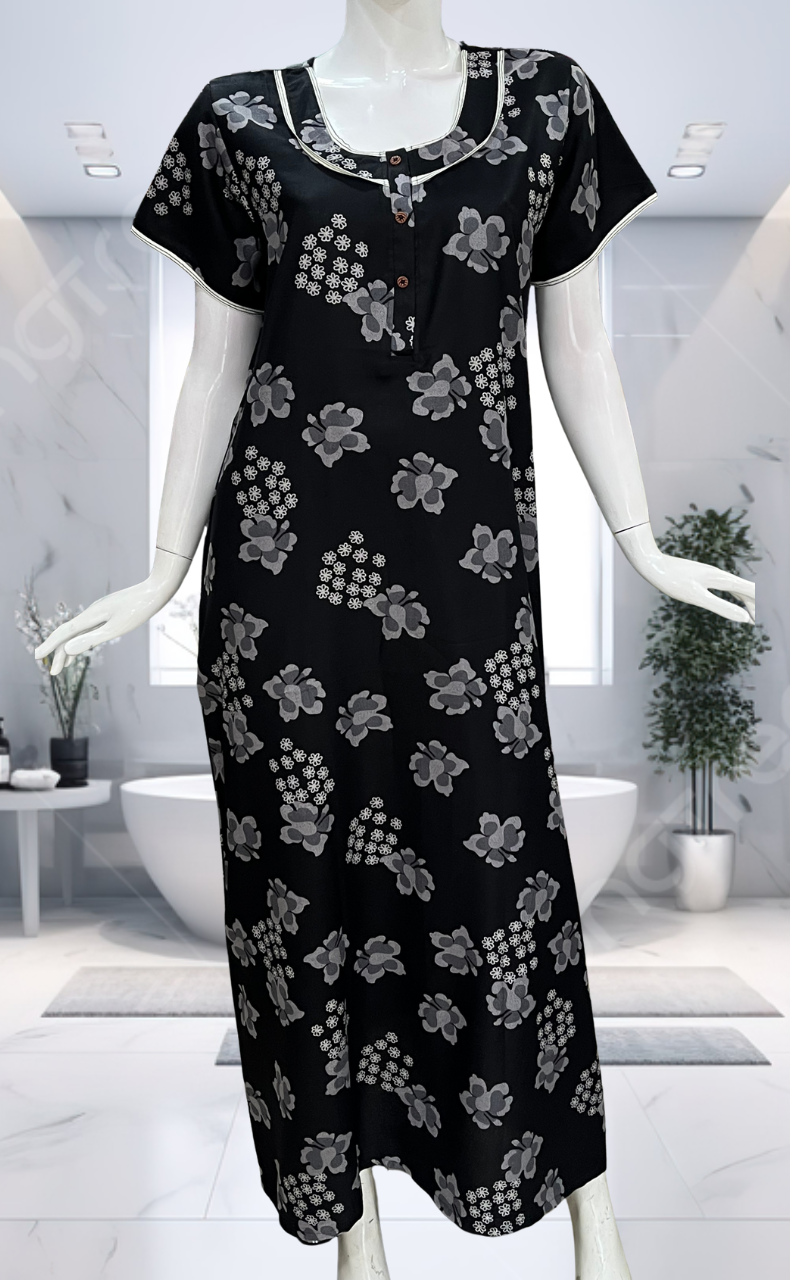 Black Floral Spun Nighty. Flowy Spun Fabric | Laces and Frills