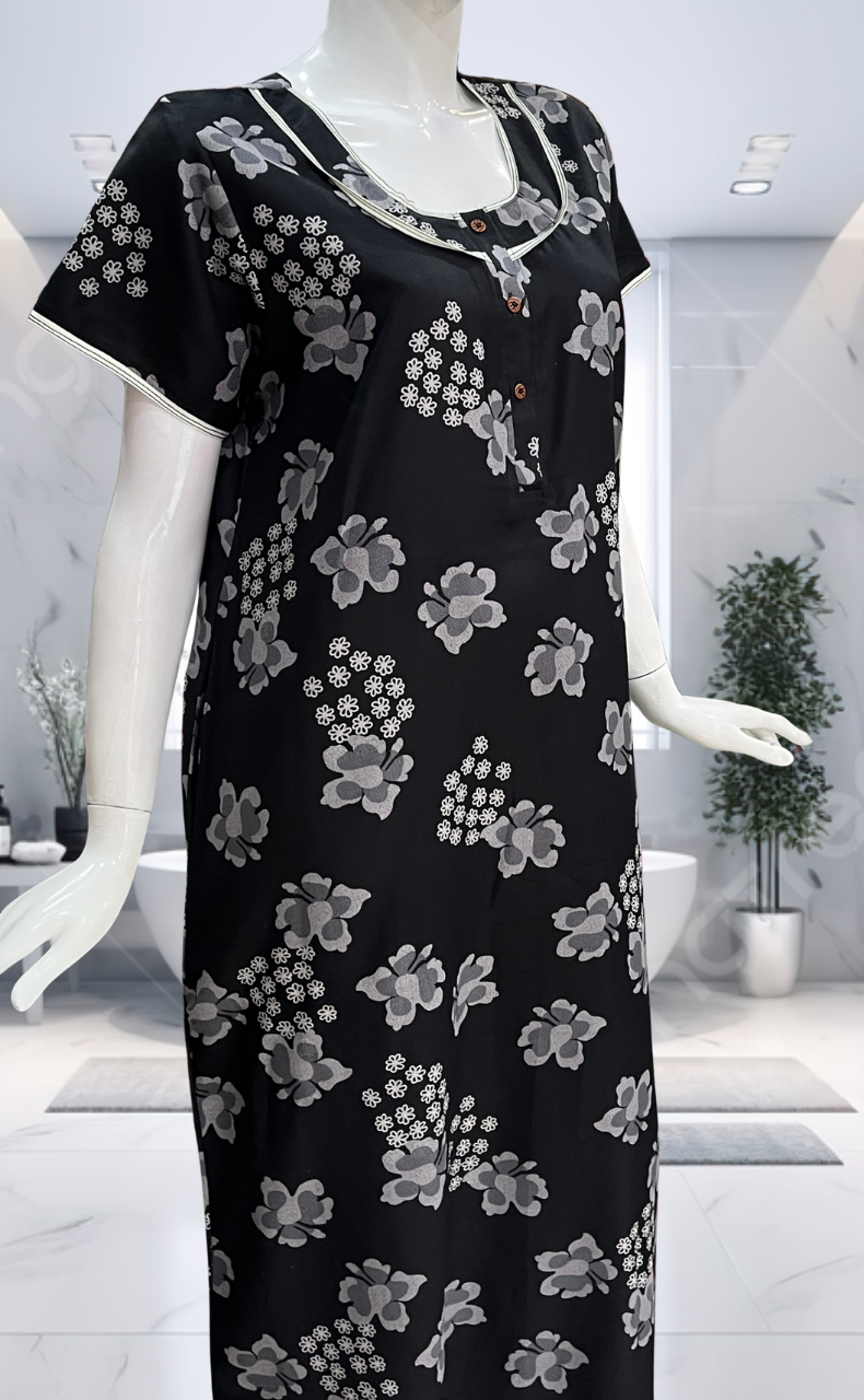 Black Floral Spun Nighty. Flowy Spun Fabric | Laces and Frills