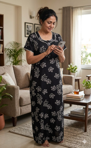 Black Floral Spun Nighty. Flowy Spun Fabric | Laces and Frills - Laces and Frills