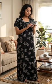 Black Floral Spun Nighty. Flowy Spun Fabric | Laces and Frills - Laces and Frills