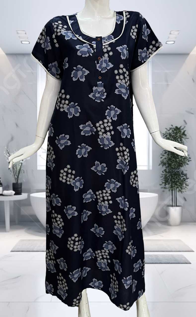 Navy Blue Floral Spun Nighty. Flowy Spun Fabric | Laces and Frills