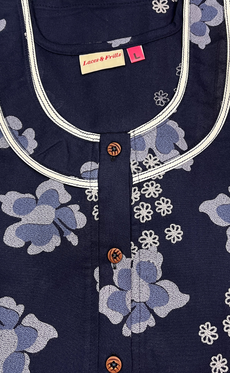 Navy Blue Floral Spun Nighty. Flowy Spun Fabric | Laces and Frills