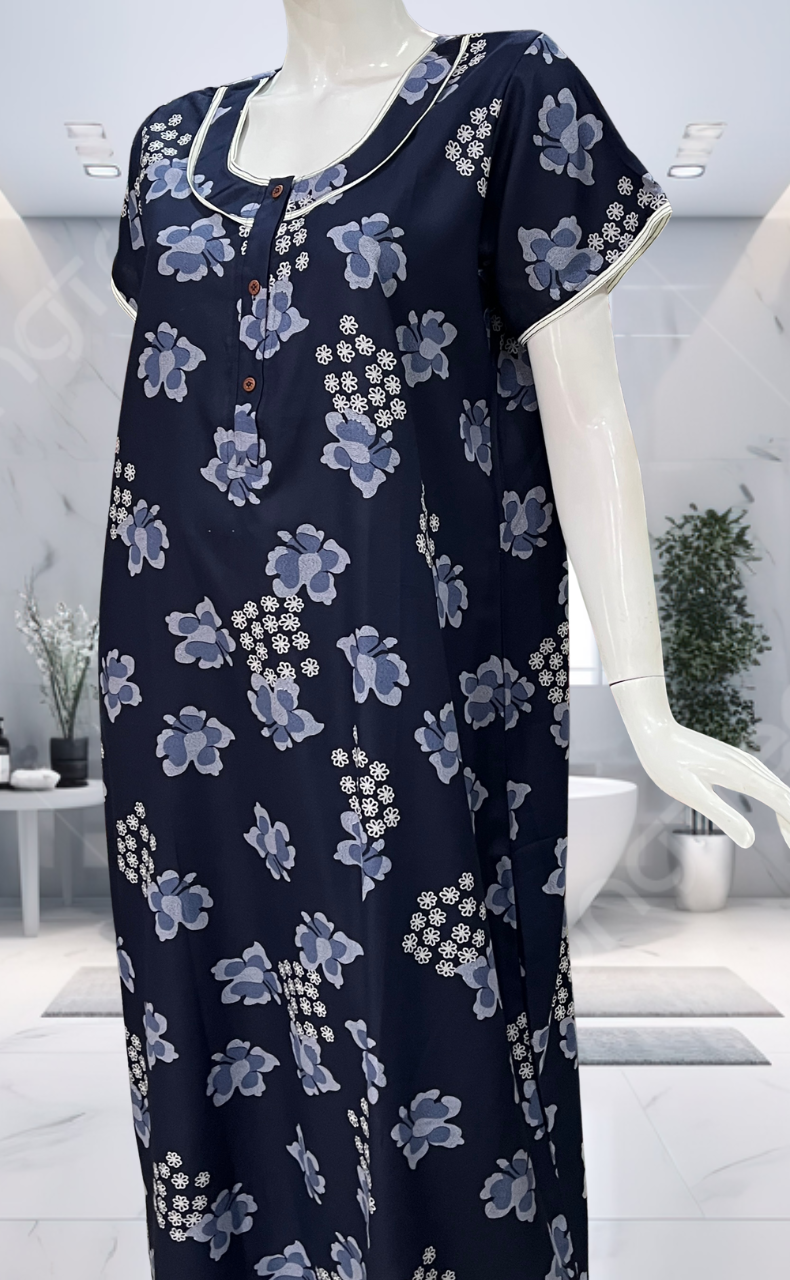 Navy Blue Floral Spun Nighty. Flowy Spun Fabric | Laces and Frills