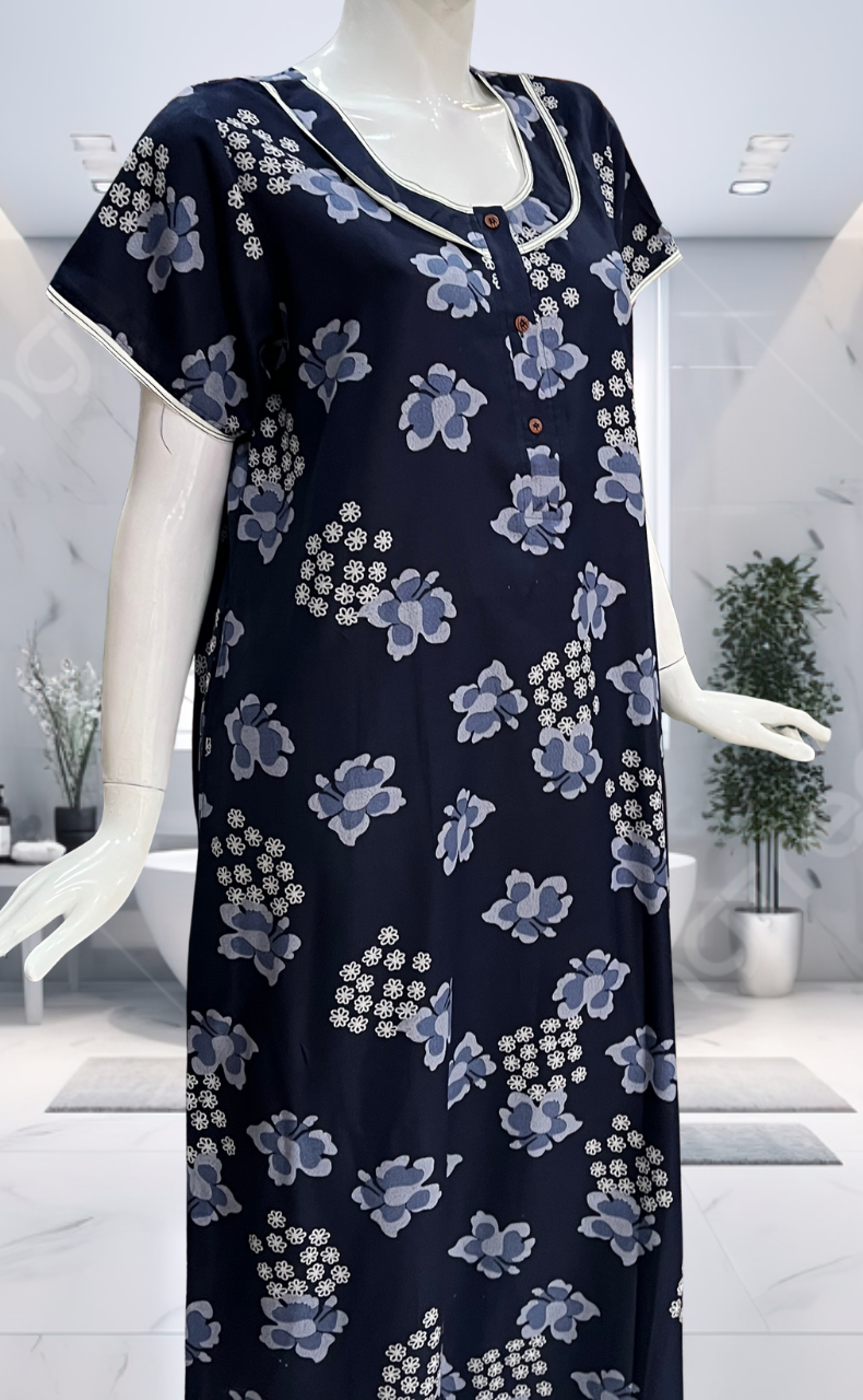 Navy Blue Floral Spun Nighty. Flowy Spun Fabric | Laces and Frills