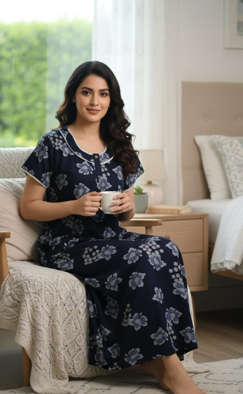 Navy Blue Floral Spun Nighty. Flowy Spun Fabric | Laces and Frills