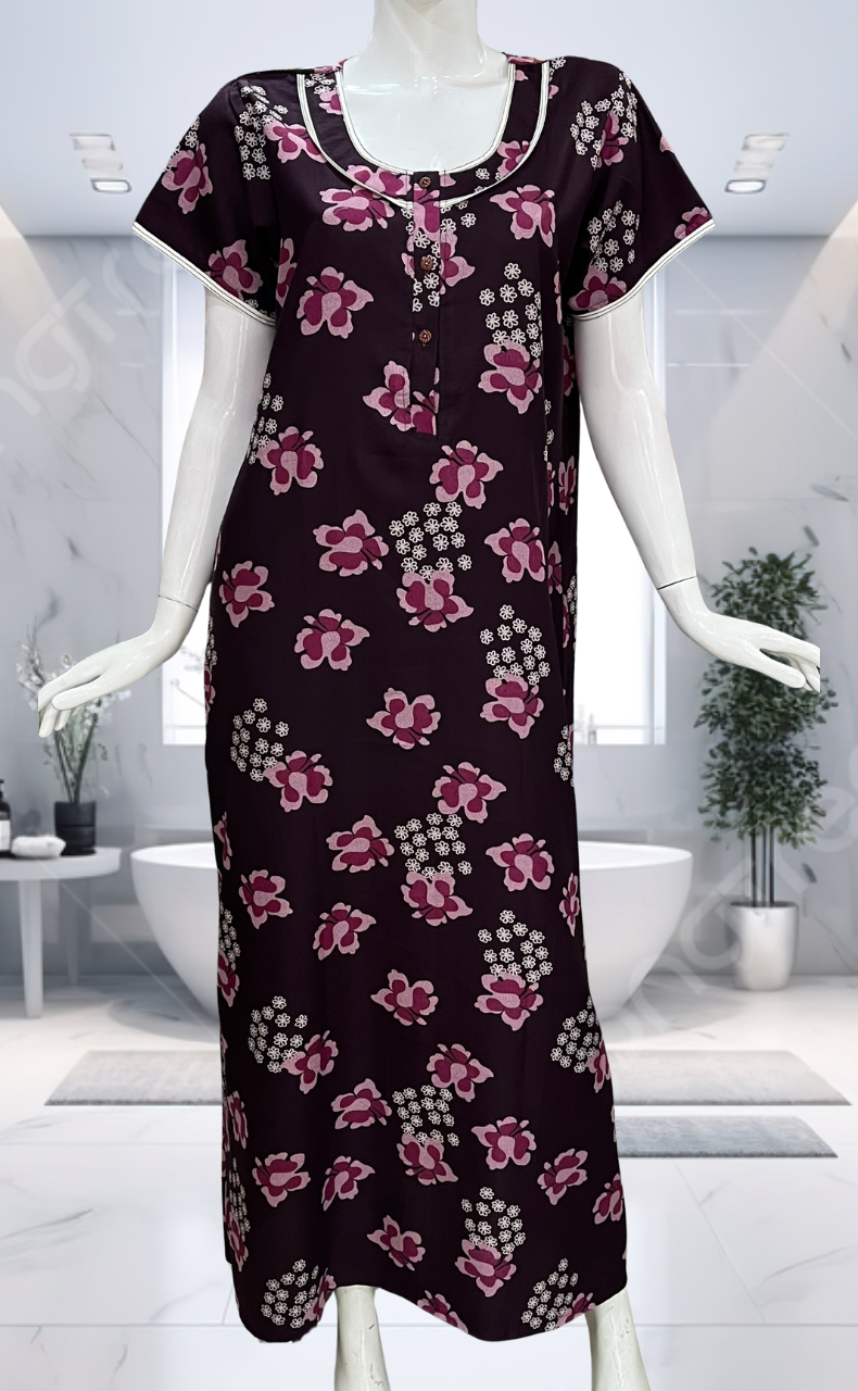Wine Colour Floral Spun Nighty. Flowy Spun Fabric | Laces and Frills