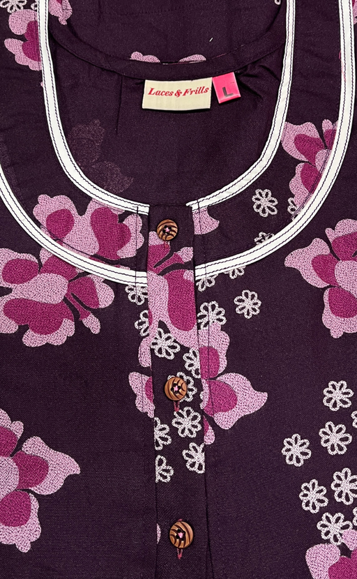 Wine Colour Floral Spun Nighty. Flowy Spun Fabric | Laces and Frills