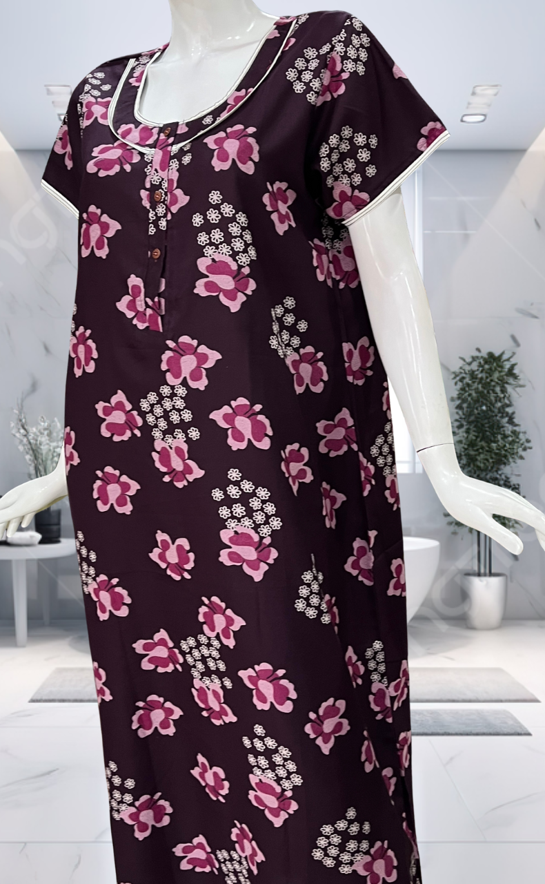 Wine Colour Floral Spun Nighty. Flowy Spun Fabric | Laces and Frills