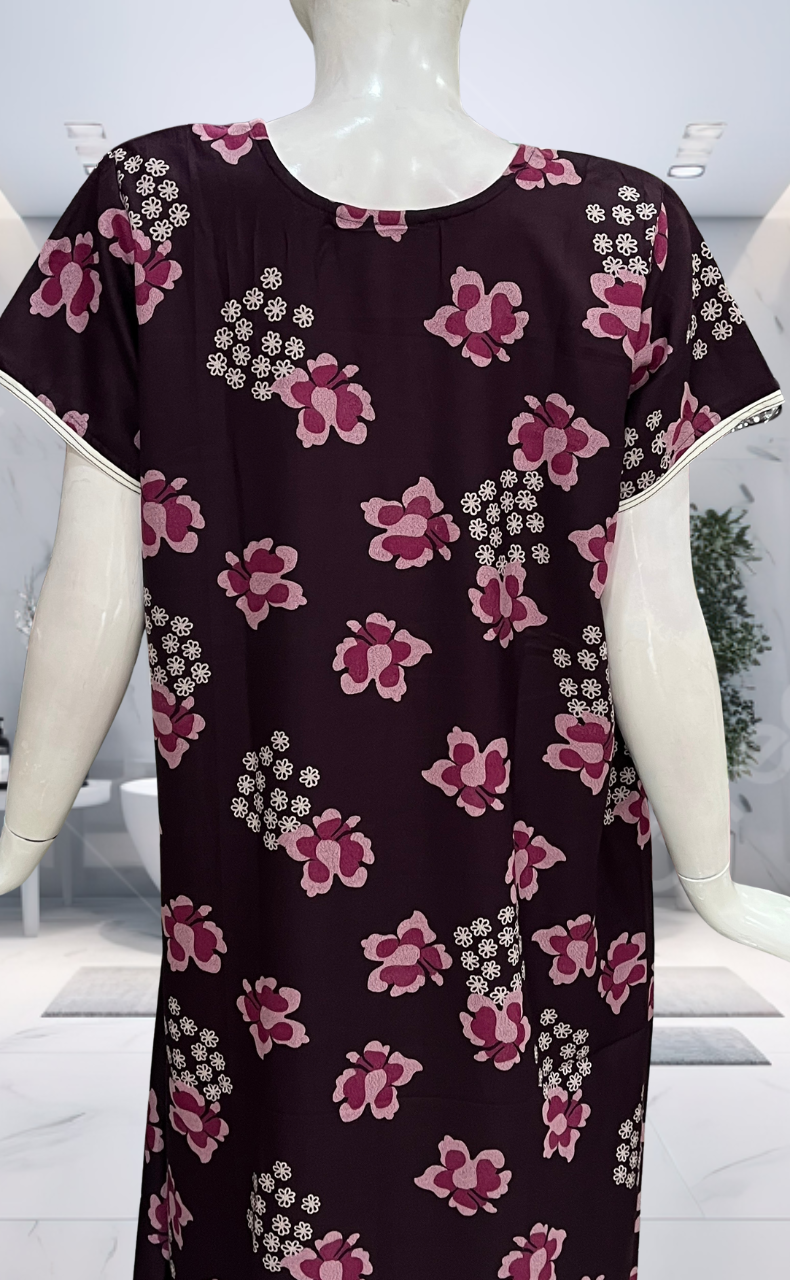 Wine Colour Floral Spun Nighty. Flowy Spun Fabric | Laces and Frills