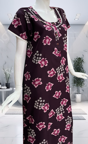 Wine Colour Floral Spun Nighty. Flowy Spun Fabric | Laces and Frills