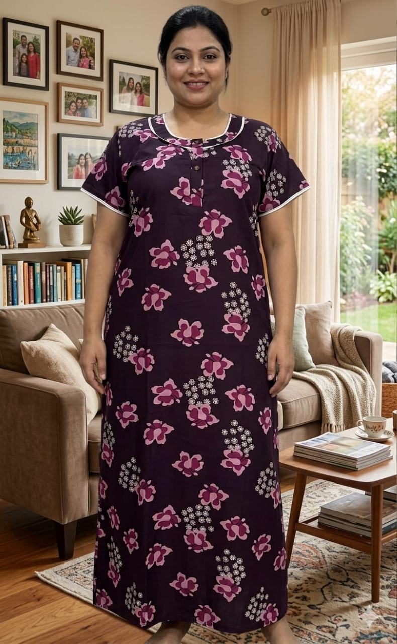 Wine Colour Floral Spun Nighty. Flowy Spun Fabric | Laces and Frills - Laces and Frills