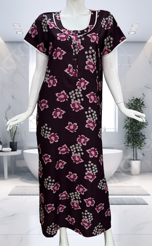 Wine Colour Floral Spun Nighty. Flowy Spun Fabric | Laces and Frills
