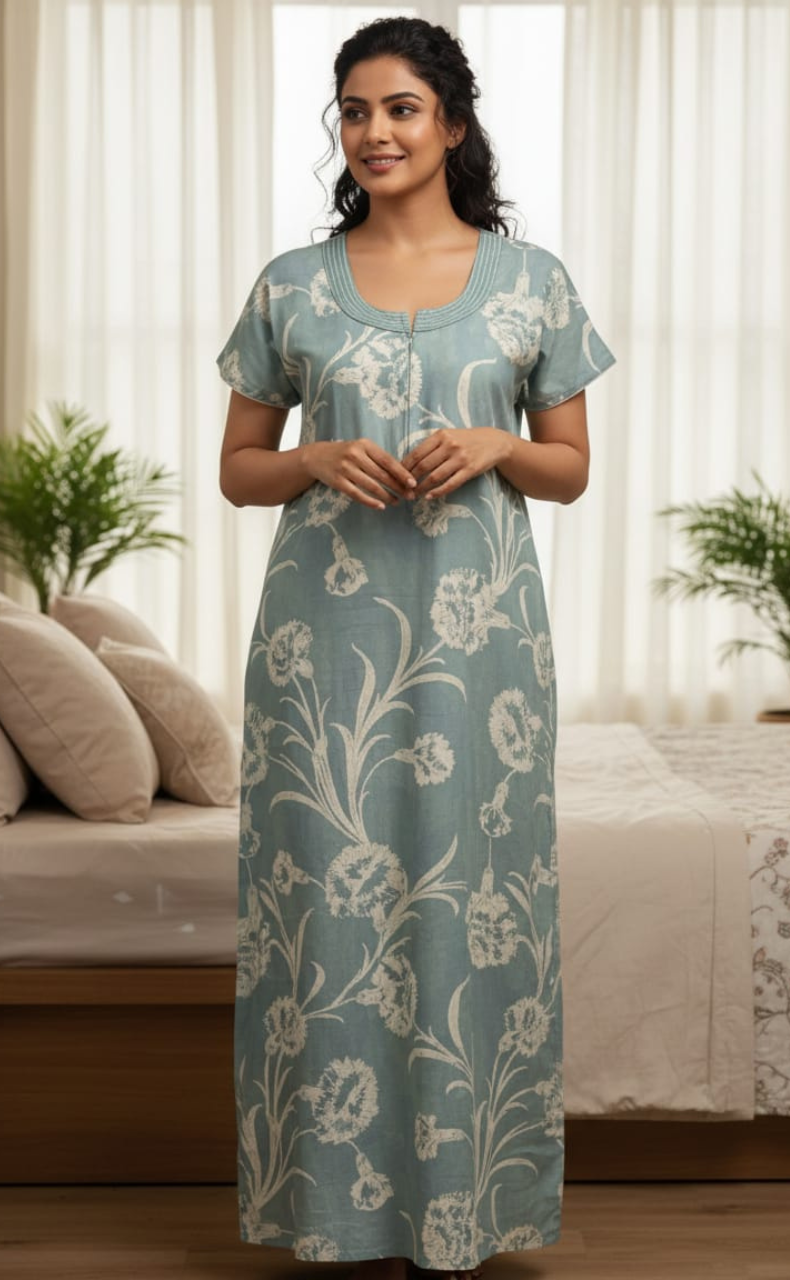 Light Blue Floral Spun Nighty. Flowy Spun Fabric | Laces and Frills