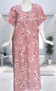 Pink Floral Soft Cotton Nighty. Soft Breathable Fabric | Laces and Frills