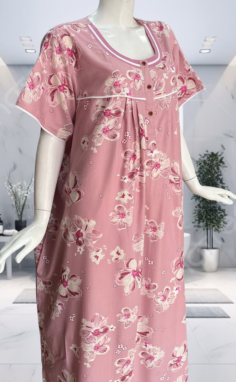Pink Floral Soft Cotton Nighty. Soft Breathable Fabric | Laces and Frills