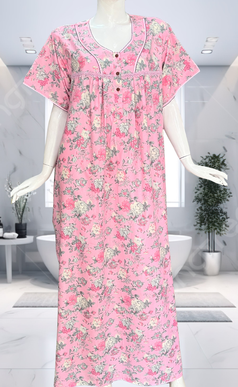 Pink Garden Soft Cotton Nighty. Soft Breathable Fabric | Laces and Frills