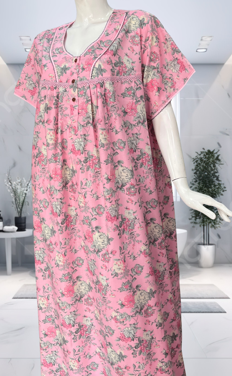 Pink Garden Soft Cotton Nighty. Soft Breathable Fabric | Laces and Frills