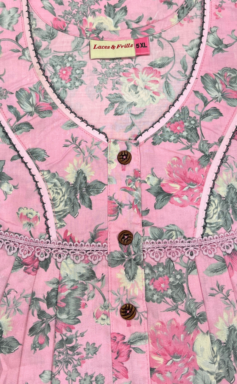Pink Garden Soft Cotton Nighty. Soft Breathable Fabric | Laces and Frills