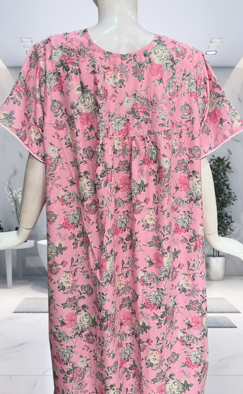 Pink Garden Soft Cotton Nighty. Soft Breathable Fabric | Laces and Frills