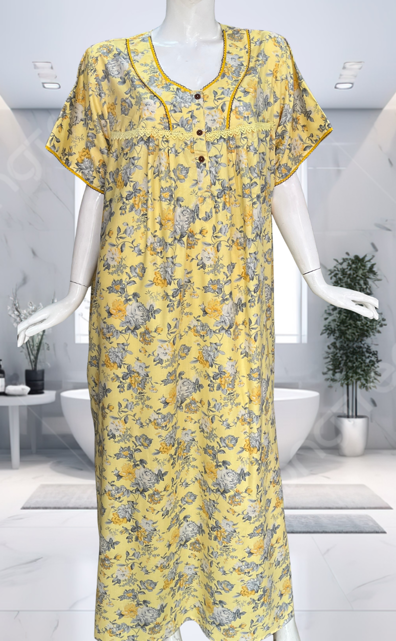 Yellow Garden Soft Cotton Nighty. Soft Breathable Fabric | Laces and Frills
