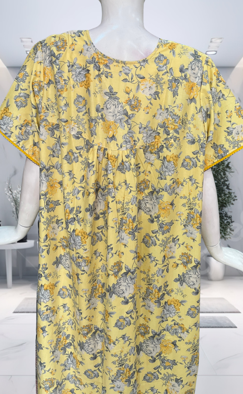 Yellow Garden Soft Cotton Nighty. Soft Breathable Fabric | Laces and Frills