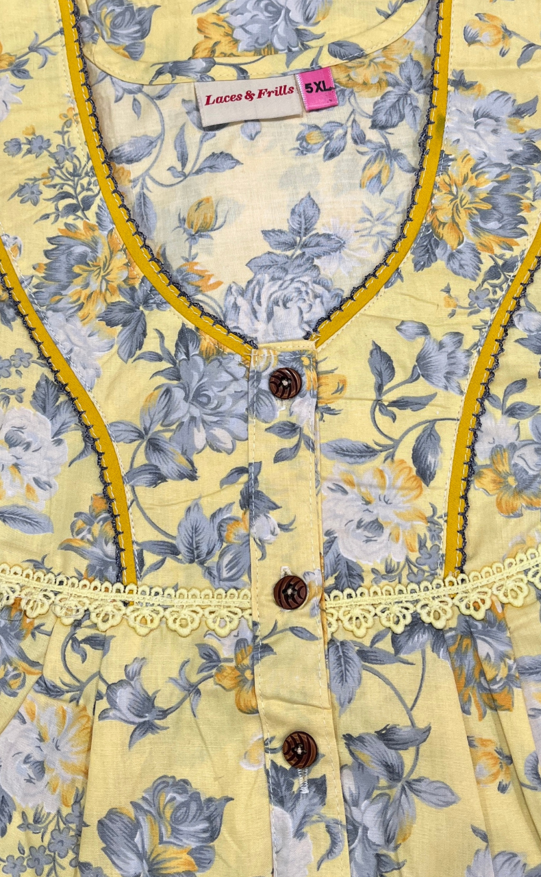 Yellow Garden Soft Cotton Nighty. Soft Breathable Fabric | Laces and Frills