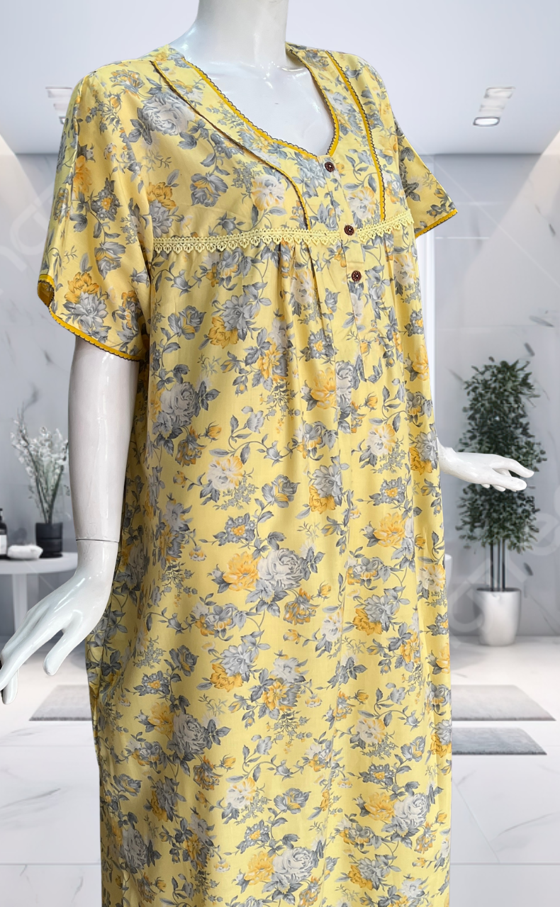 Yellow Garden Soft Cotton Nighty. Soft Breathable Fabric | Laces and Frills