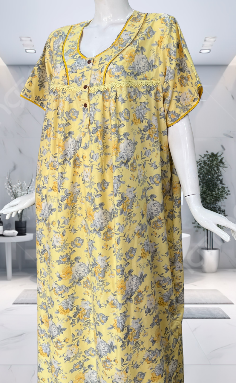 Yellow Garden Soft Cotton Nighty. Soft Breathable Fabric | Laces and Frills