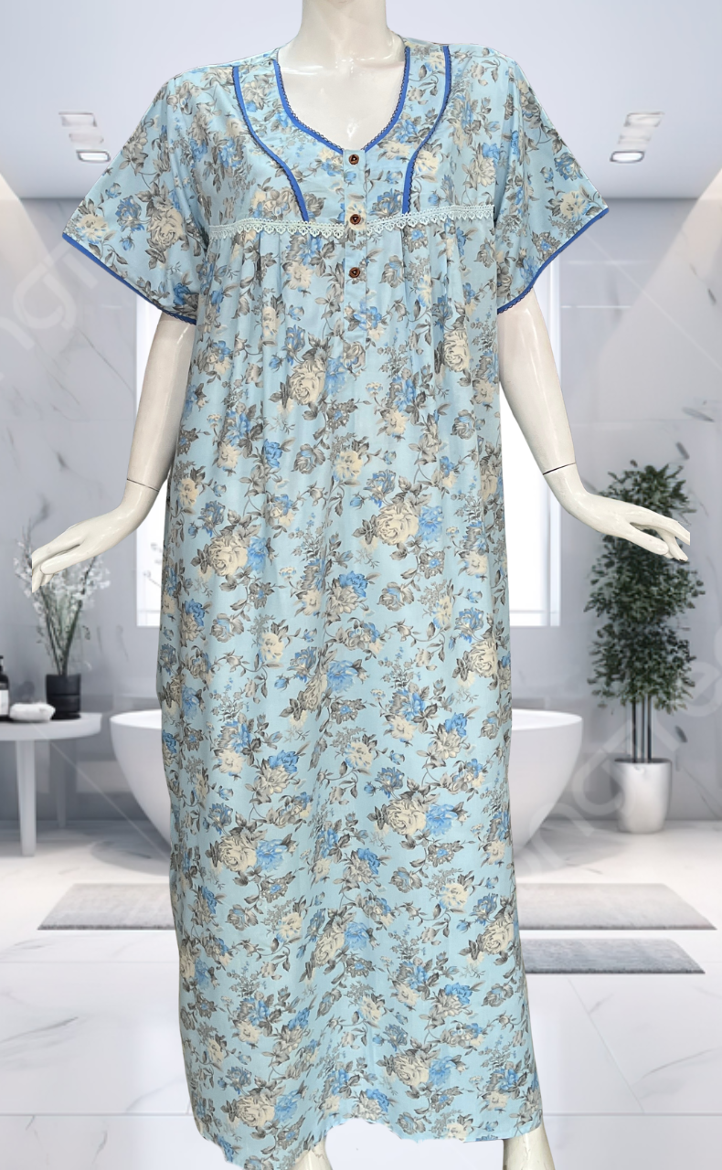 Blue Garden Soft Cotton Nighty. Soft Breathable Fabric | Laces and Frills