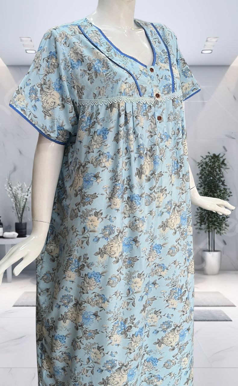 Blue Garden Soft Cotton Nighty. Soft Breathable Fabric | Laces and Frills