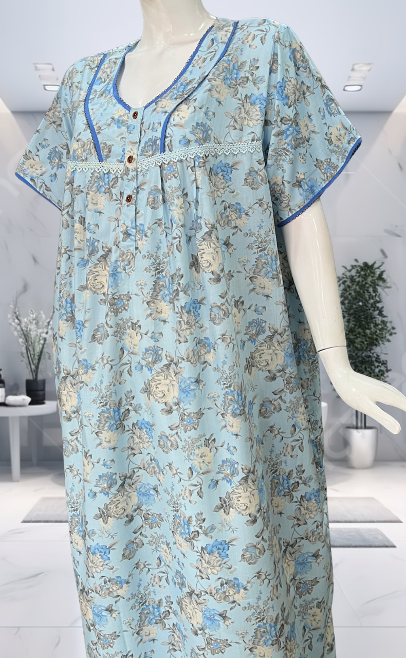 Blue Garden Soft Cotton Nighty. Soft Breathable Fabric | Laces and Frills